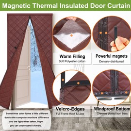 Risareyi Magnetic Thermal Insulated Curtain Size 30x80 inch, Weatherproof PU Thick Polyester Filling Brown Door Cover Privacy Screen Insulation for Winter French Door Cold Protection
