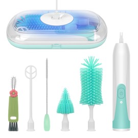 BlumWay Electric Bottle Brush, Portable Baby Bottle Brush for Travel, Waterproof Bottle Cleaning Set with Nipple and Straw Brush, Brush Set for Cleaning Cup Lids, Green