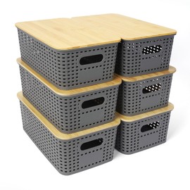 UHAPEER Plastic Storage Baskets with Lids, 6 PCS Cute Storage Bins with Lids Small, Bamboo Lid Storage Containers Stackable Baskets, Pantry Baskets for Classroom Shelves Drawer Desktop Closet Organize