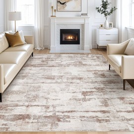 Abstract Living Room Rug 9x12 - Modern Washable Soft Thin Area Rug for Living Room Bedroom Under Dining Table - Neutral Indoor Floor Rug Carpets for Home Office Playroom Nursery - Light Brown