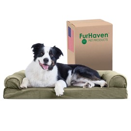 Furhaven Cooling Gel Dog Bed for Large/Medium Dogs w/ Removable Bolsters & Washable Cover, For Dogs Up to 55 lbs - Faux Fur & Velvet Sofa - Dark Sage, Large