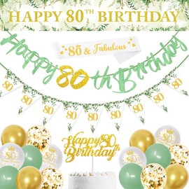 80th Birthday Decorations,Sage Green 80th Birthday Party Decorations Include Happy 80th Birthday Banner,Triangle Flag and Confetti Balloons for Party Birthday Decorations (80th Birthday)