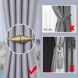 NICEEC 2 Pack Upgrade Magnetic Curtain Tiebacks 16 Inch Handmade Weave Rope Curtain Holdbacks Convenient Decorative Cone Curtain Drape Tie Backs for Home & Office Window Drapery (New Gold)