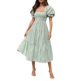 ZESICA Women's 2025 Bohemian Summer Plaid Square Neck Puff Sleeve Ruffle Flowy Beach Midi Dress,Green,Medium