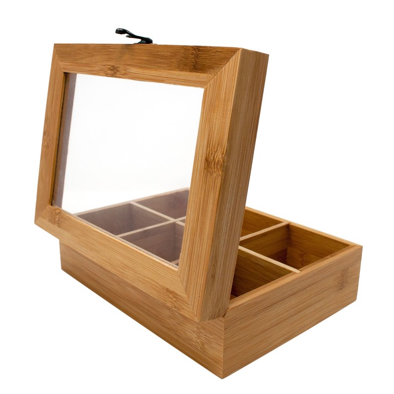 WOODEN BAMBOO RETRO BOX TEA BAG CHEST CADDY TRANSPARENT LID