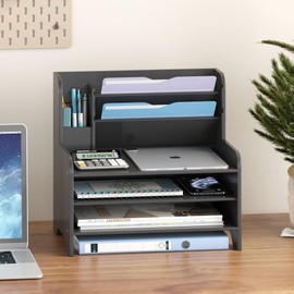 Desk File Organizer - 6-Tier Desktop Mail Letter Tray Paper Document Organizer with Pen Holder for Home Office Supplies, Office Desk Accessories & Workspace (Black)