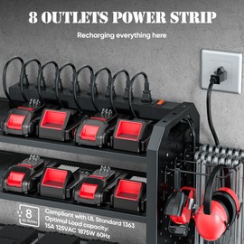 Power Tool Organizer with Charging Station Wall Mount, Built in 8 Outlet Surge Protection Power Strip, Drill Holder Wall Mount, Heavy Duty Metal Power Tool Storage Rack for Garage Organization Black