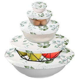 Green Leaves and Eucalyptus Bowl Covers Reusable in 5 Size Stretch Cloth Fabric Bowl Covers Elastic Food Storage Covers Cotton Bread Bowl Covers Reusable Lids for Food Fruits Leftover