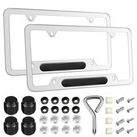 License Plate Frames Compatible for, 2 Pack Car License Plate Bracket Holder, Silver Stainless Steel Weather Proof License Plate Covers with Screw Caps Cover Set