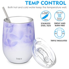 THILY Stainless Steel Insulated Wine Tumbler Stemless Wine Glass with Lid and Straw, Splash-proof, Cute Travel Cup for Coffee, Cocktails, for Women, Mother, Wife, Girls, Violet Leaves