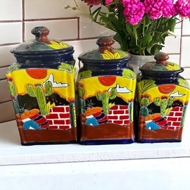 Talavera Kitchen Canister Set of 3, Handmade Desert Ponchito Style. Sleeping man Canister Set