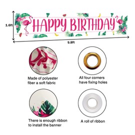 MEFENG Hawaiian Theme Birthday Banner Yard Sign Flamingo Happy Birthday Decortions Tropical Beach Birthday Party Supplies -9.8x1.6 ft.
