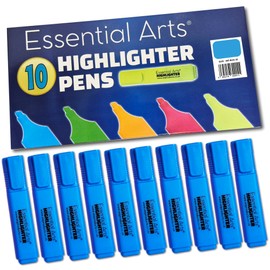 Essential Arts Square Blue Highlighter Pen Pack of 10 | Chisel Tip Fluorescent Highlight Marker Pens for Office, School Art and Business