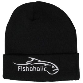 Fishoholic Fishing Beanie - Watch Skull Cap - Stocking Hat - Embroidered Logo - Great Gift for Men Father (R) Fishaholic (Beanie_Blk)