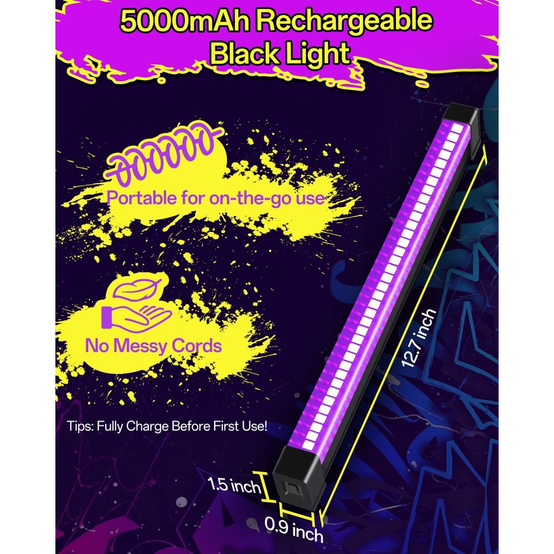 YQNLIFA 5000mAh Rechargeable Black Light Bar, Battery Powered Black Lights