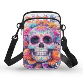 Kuiaobaty Colorful Skull Print Crossbody Phone Bag for Women Watercolor Floral Skeleton Phone Purse Crossbody Bag Portable Purse Key Bag