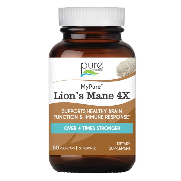 PURE ESSENCE LABS MyPure Lions Mane 4X Mushroom Supplement, 100% Real Mushroom Extract for Immune Support, Combat Stress and Build Energy, Immune Booster for Men and Women, 60 Capsules