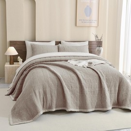 CozyTide 100% Cotton King Size Quilt(110x98 Inch),Dark Khaki Lightweight Waffle Bedspread Vintage Farmhouse Boho King Quilt Bedding Set Ultra Soft