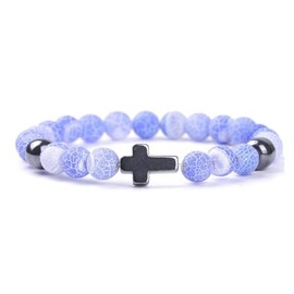 SCRDPRAD Christian Religious Cross Natural Colorful 8mm Stone Beaded Adjustable Stretch Elastic Bracelet Easter Friendship Couple Catholic Inspirational Jewelry for Women Men-blue