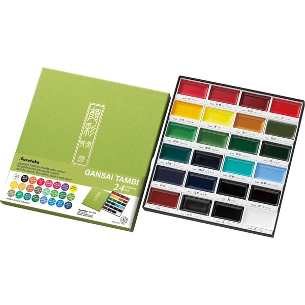 Kuretake GANSAI TAMBI Watercolor Paints, Handcrafted, Professional-Quality Pigment Inks for Artists and Crafters, AP-Certified, Blendable, Show up on Dark Papers, Made in Japan (24 Colors)