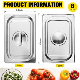 8 Pack Stainless Steel Hotel Pan Lids Metal Steam Prep Table Pan Covers with Handles Bulk for Commercial Restaurant Buffet Catering Roasting Food Trays(10.4 x 6.3 Inch, 1/4 Fourth Size)