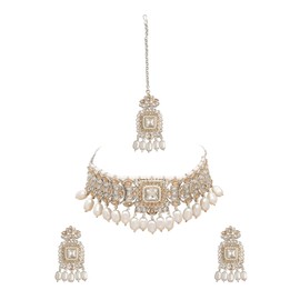 Bodha Traditional Indian Silver Plated Kundan Pearl Choker Bridal Necklace Combo Jewelry Set With Tikka and Earrings for Women (Sliver LCT)