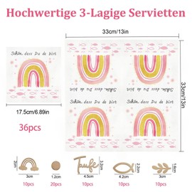 Napkins Confirmation Rainbow Fish 36 Pieces Napkins Christening Decoration Girls + 60 Pieces Wooden Fish Table Decoration 'Schön, dass du da bist!' Napkins Communion Decoration Set First Communion