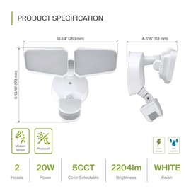 ASD LED Security Lights, 180° 3 Modes Motion Sensor Outdoor Light, 20W 120V Floodlight, 2 Adjustable Square Heads, 2700/3000/3500/4000/5000K, Dusk to Dawn Flood Lighting, White, IP65, UL, DLC Premium