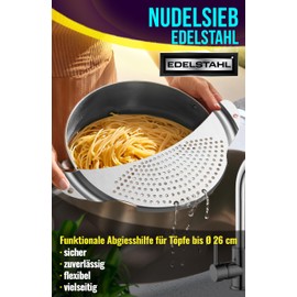 4happy Pasta Strainer - Straining Aid and Strainer for Pasta, Potatoes, Vegetables, Flat and Sturdy Pasta Strainer Stainless Steel, Straining Aid for Pots and Pans up to Diameter 26 cm