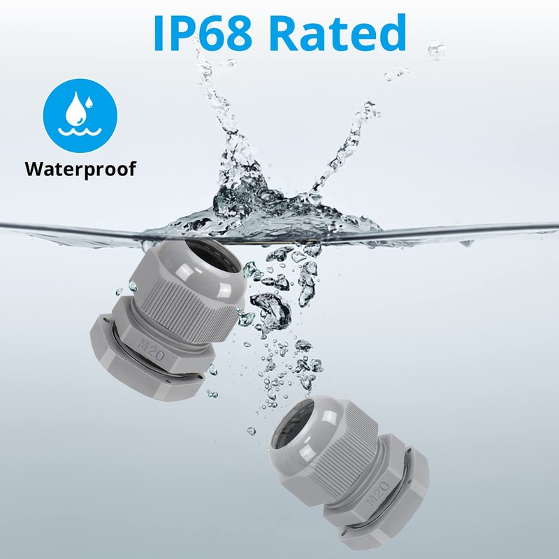 10 Pack M20 20mm IP68 Waterproof Grey Cable Glands, Suitable