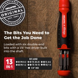 Ratcheting Screwdriver - 13-in-1 Multi Bit Screw Driver w/ ¼" Hex Shaft for Phillips, Star, Flat, Square Bit - Ratchet Screwdriver w/Retractable Cartridge - Multi Screwdriver