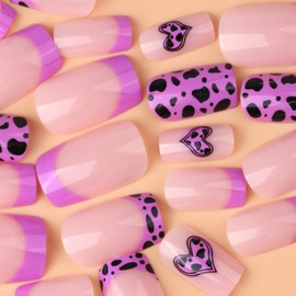 Press on Nails Square Medium Length Glossy Full Cover Acrylic Square Shaped French Purple False Nails with Leopard Designs Artificial Short Coffin Fake Nails with Glue ons Fingernails for Women Girls