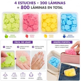 Jabón en Láminas Portátil con Aromas Frutales, Kit de 4 Estuches con 200 Láminas Cada Uno (800 Total), Mini Jabón de Papel para Viaje, Camping, Escuel