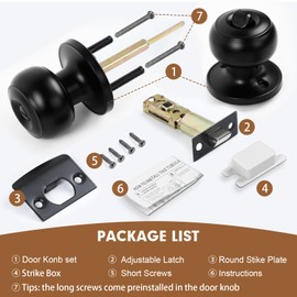 RAZCC Privacy Door Knobs, 4 Pack Matte Black Door Knobs with Lock, Bed and Bath Door Knob Interior Keyless Locksets, Round Door Handles Reversible for Left Right Handed Doors