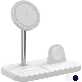 MR. GADGETS Soporte de Carga Inalambrica 3 en 1, Estación de Carga 15W, Wireless Charger Tecnología Qi Base Cargadora Magnetica Charging Stand de Escritori, para Smartphone/Airpods/Watch (Blanco)