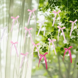 Pink Bow Party Hanging Decorations, Coquette Birthday Hanging Garland, 20 Sets Clear Balls & Bows for DIY Girls Bows Birthday Decorations, Tying The Knot Bridal Shower Baby Shower Decor