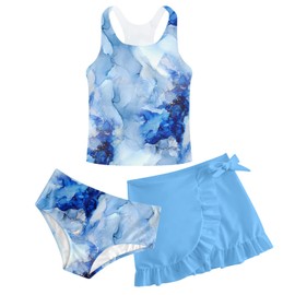 Girls Bathing Suits 11-12 Years Old Cute Blue Marble Tie Dye 3D Print Bikini Swimsuits 3 Piece Tankini Swimwear with Cover Up Skirts