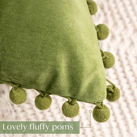 Ashler Throw Pillow Cases with Soft Pom Poms Velvet Plush Vibrant Elegant Cushion Covers, Pack of 2, Green 12 x 20 Inches 30 x 50 cm