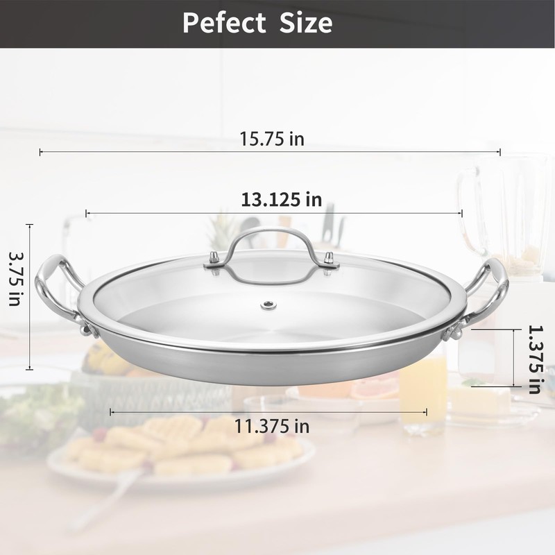 LOLYKITCH 13 Inch Tri-ply Stainless Steel Paella Pan with Lid,Griddle,Large