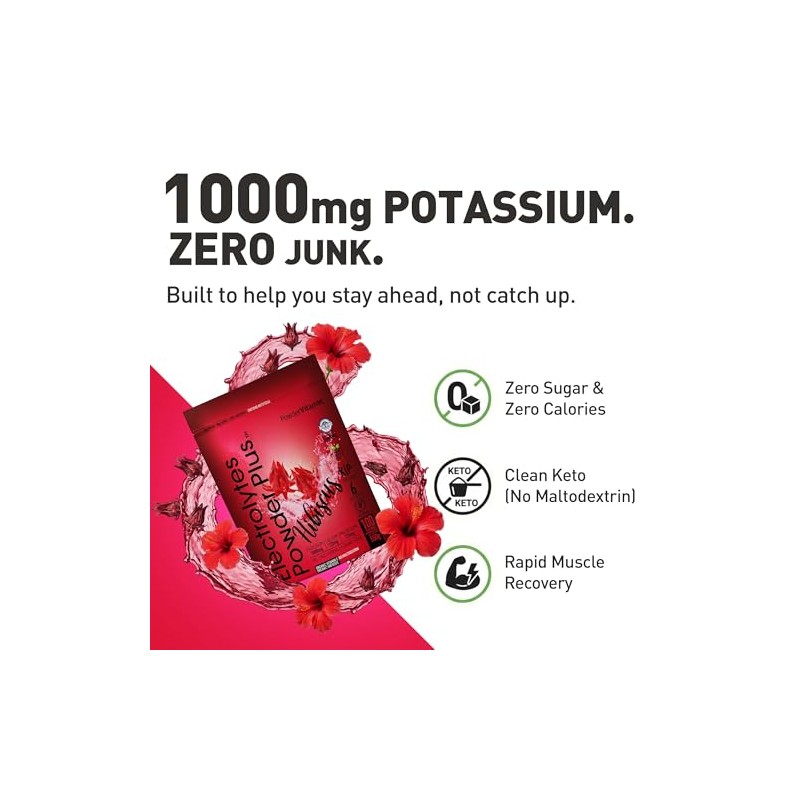 PowderVitamin- Electrolitos en Polvo Plus (100 Porciones) Hibiscus Electrolito Polvo
