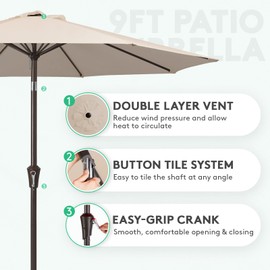 JEAREY 9FT Outdoor Patio Umbrella Outdoor Table Umbrella with Push Button Tilt and Crank, Market Umbrella 8 Sturdy Ribs UV Protection Waterproof for Garden, Deck, Backyard, Pool (Cream Beige)