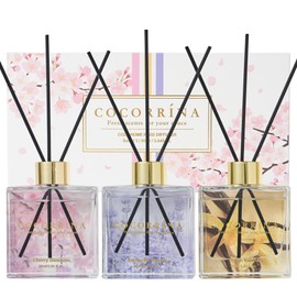 COCORRÍNA Reed Diffuser Set of 3-3 Pack/ 3.04 Fl.oz Diffuser with 24 Sticks Warm Vanilla/Cherry Blossom/Lavender Thyme Reed Diffuser for Home Bathroom Office Shelf Decor