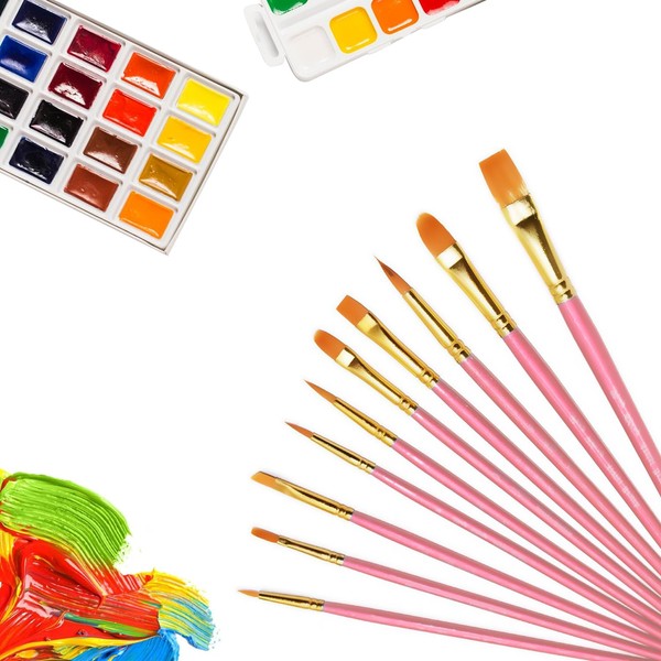 ZSMJAER 10 Pcs Paint Brushes Set Watercolor Acrylic Painting Brushes Set Different Sizes for Watercolor Pencils, Tempers, Oils, Gouache (Pink)