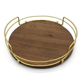 CVHOMEDECO. Decorative Tray with Golden Handle Round Wood Serving Tray with Metal Handles for Breakfast in Bed, Lunch, Dinner, Appetizers, Kitchen, Ottoman, Coffee Table, BBQ and Party