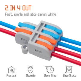 XALXMAW 10Pcs Lever Wire Connectors, 2 in 4 Out Quick Wiring Cable Compact Electrical Connector for 24-12 AWG