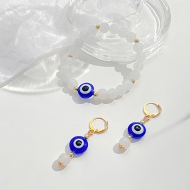 TseenYi Evil Eye Earrings Bracelet Set Opal Crystal Beaded Bracelet Evil Eye Opal Drop Hoop Earrings Evil Eye Bracelet Jewelry for Women and Girls(Gold)