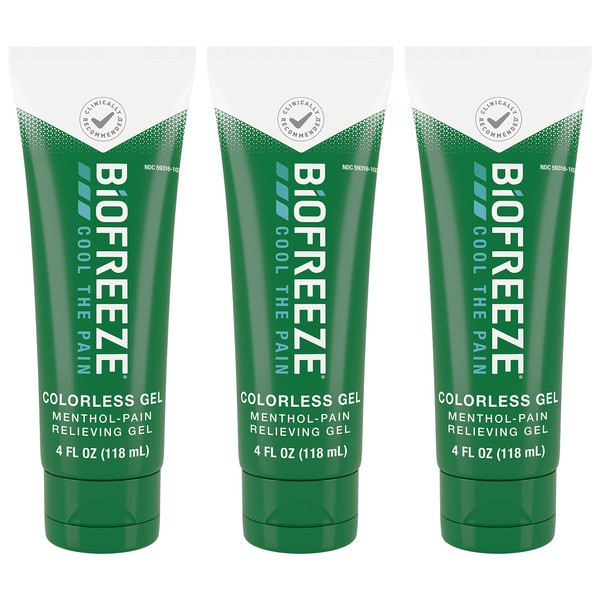 Biofreeze Menthol Pain Relieving Gel Colorless Gel 4 FL OZ Tube (Pack Of 3) For Pain Relief Associated With Sore Muscles, Arthritis, Simple Backaches, And Joint Pain (Packaging May Vary)