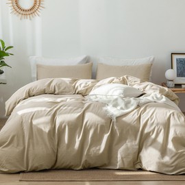 MooMee Bedding Duvet Cover Set 100% Washed Cotton Linen Like Textured Breathable Durable Soft Comfy (Heathered Almond Milk Grey, Super King 108“x98)