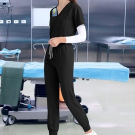 Baoblaze Uniform Scrub Set Work Suit Nurse Top Pants Work Clothes with Pockets Short Sleeve Work Clothes for Pet Groomer Healthcare, Black, M