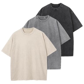 OSACOD 3 Pack Men Oversized T Shirts Cotton Tee Vintage Unisex Short Sleeves Casual Loose Wash Basic Streetwear Baggy Tops(Black,Grey,Beige-L)